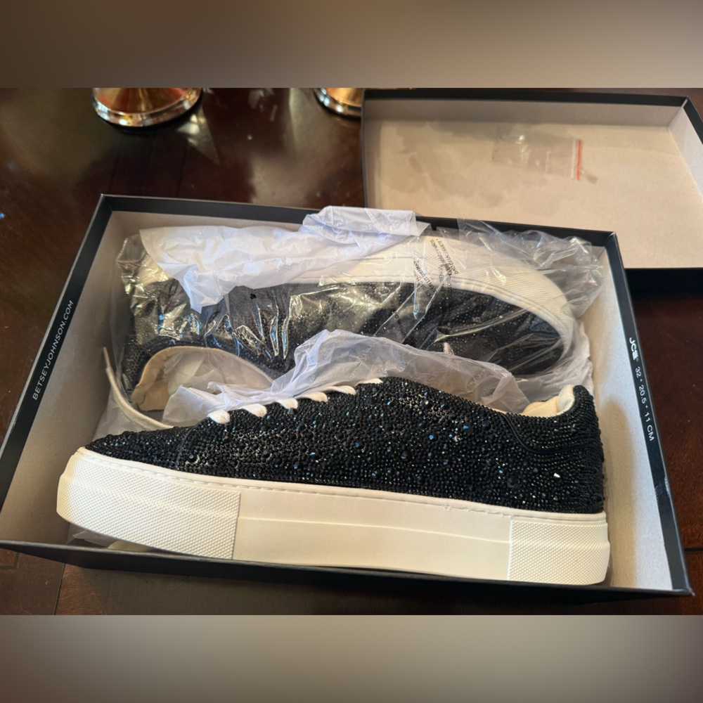 New Betsey Johnson Black Sidny Rhinestone Sneakers - Picture 3 of 6